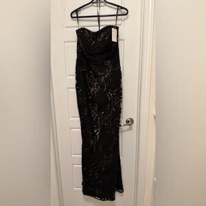 Nicoletta Black Sequin Leaf Embellished Evening Gown